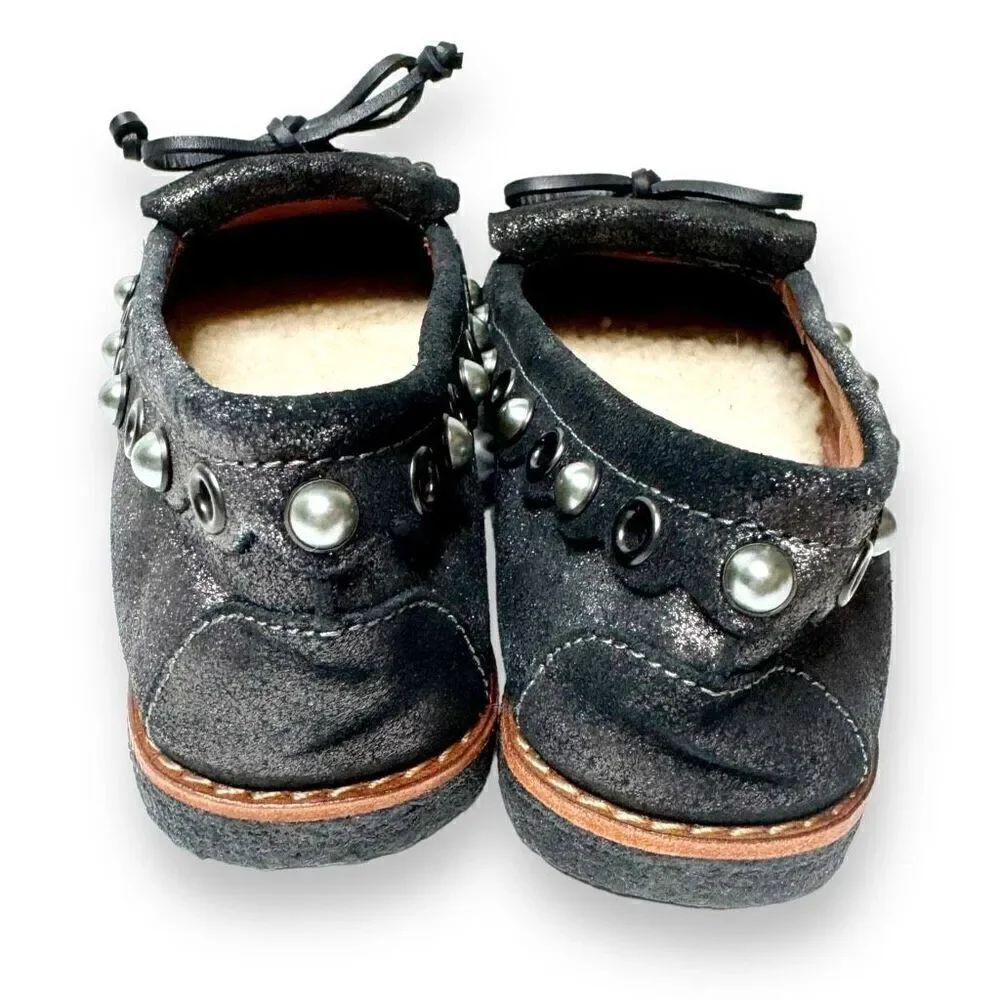 COACH Roccasin Black Metallic Leather Slip On Moccasins Sherpa Flat Loafers Sz 6 - Picture 5 of 10